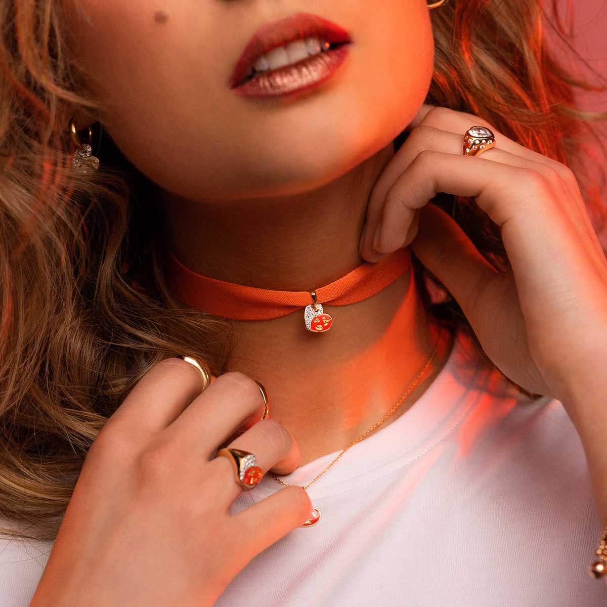 Collana Choker Rue des Mille Cuore Rosso Foglia Oro